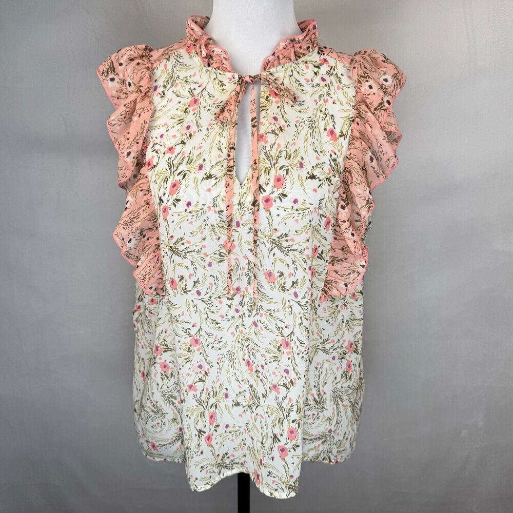 Studio B By Bobeau Sz L Floral Ruffle Sleeves Semi Sheer Tie Neckline